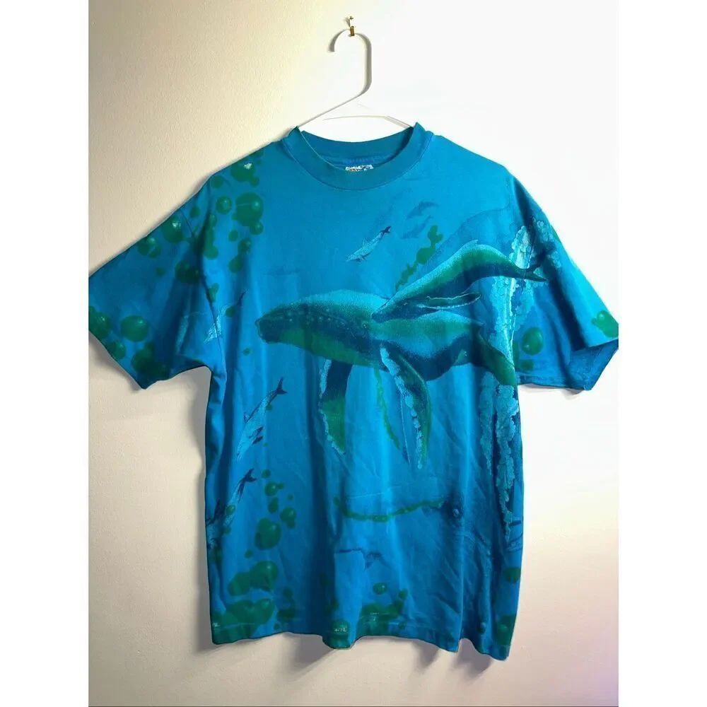 Vintage 1990s Hanes Beefy-T Whale & Dolphin All-Over Print T-Shirt – Men’s Large